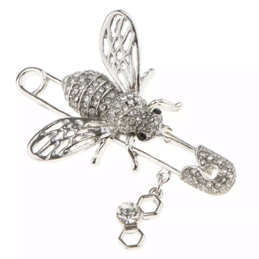 Crystal Silver Bee Safety Pin Brooch Pin